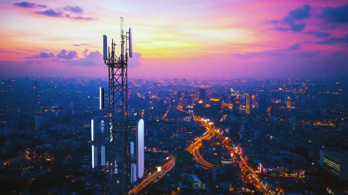 City skyline in the morning with a radio mast in the foreground.